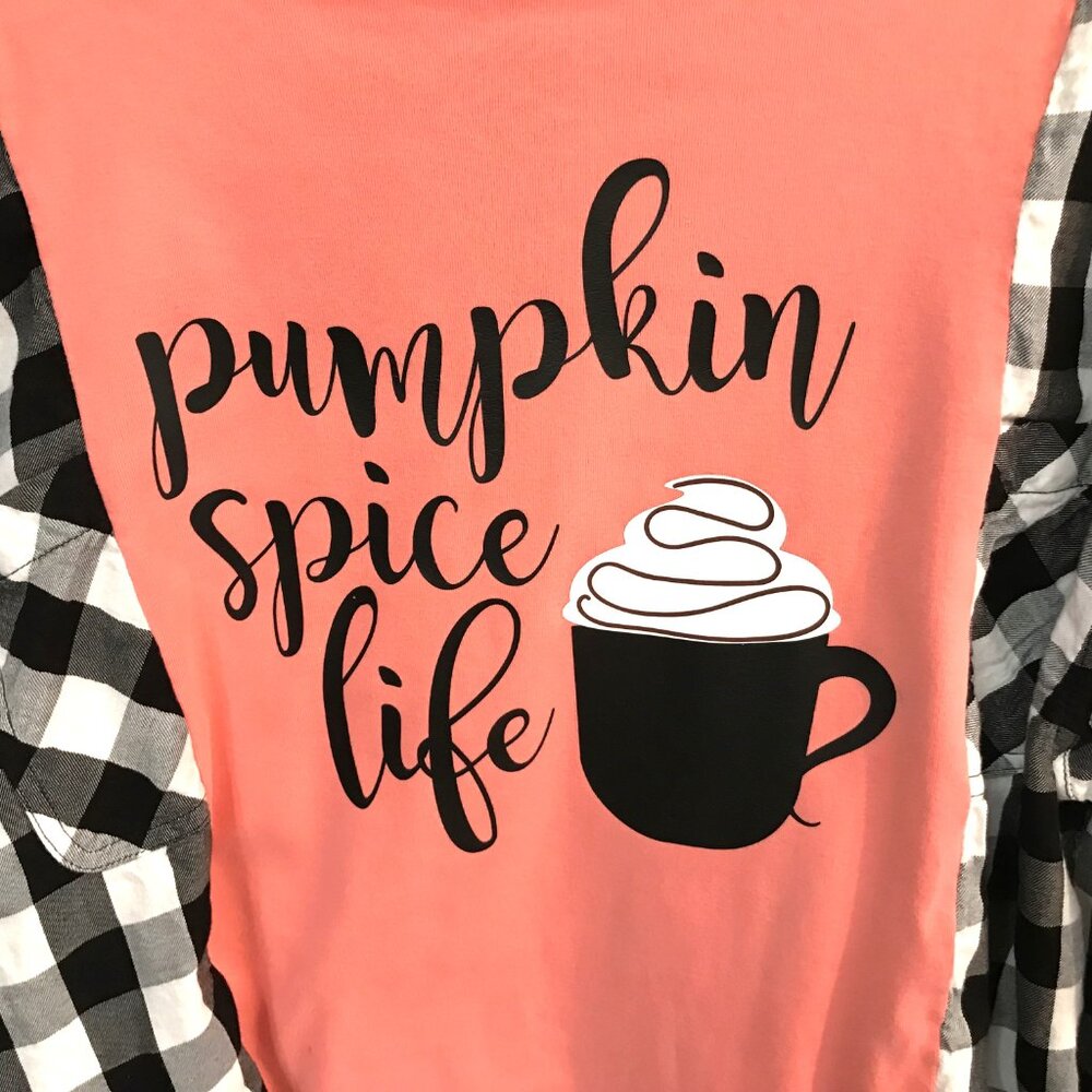 Upcycled Flannel Shirt Oversized Autumn Pumpkin Spice Coffee Graphic Size M-L - Picture 6 of 10